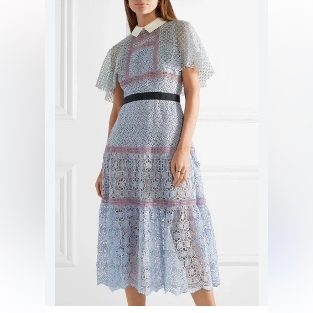 Blue Lace Midi Dress with Cape & Collar - Self-Portrait